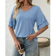 thumbnail image 4 of Womens V-Neck Tops Dressy Double Layer Bell Sleeve 3/4 Length Ruffle Sleeve T Shirts  Blue XXL, 4 of 6