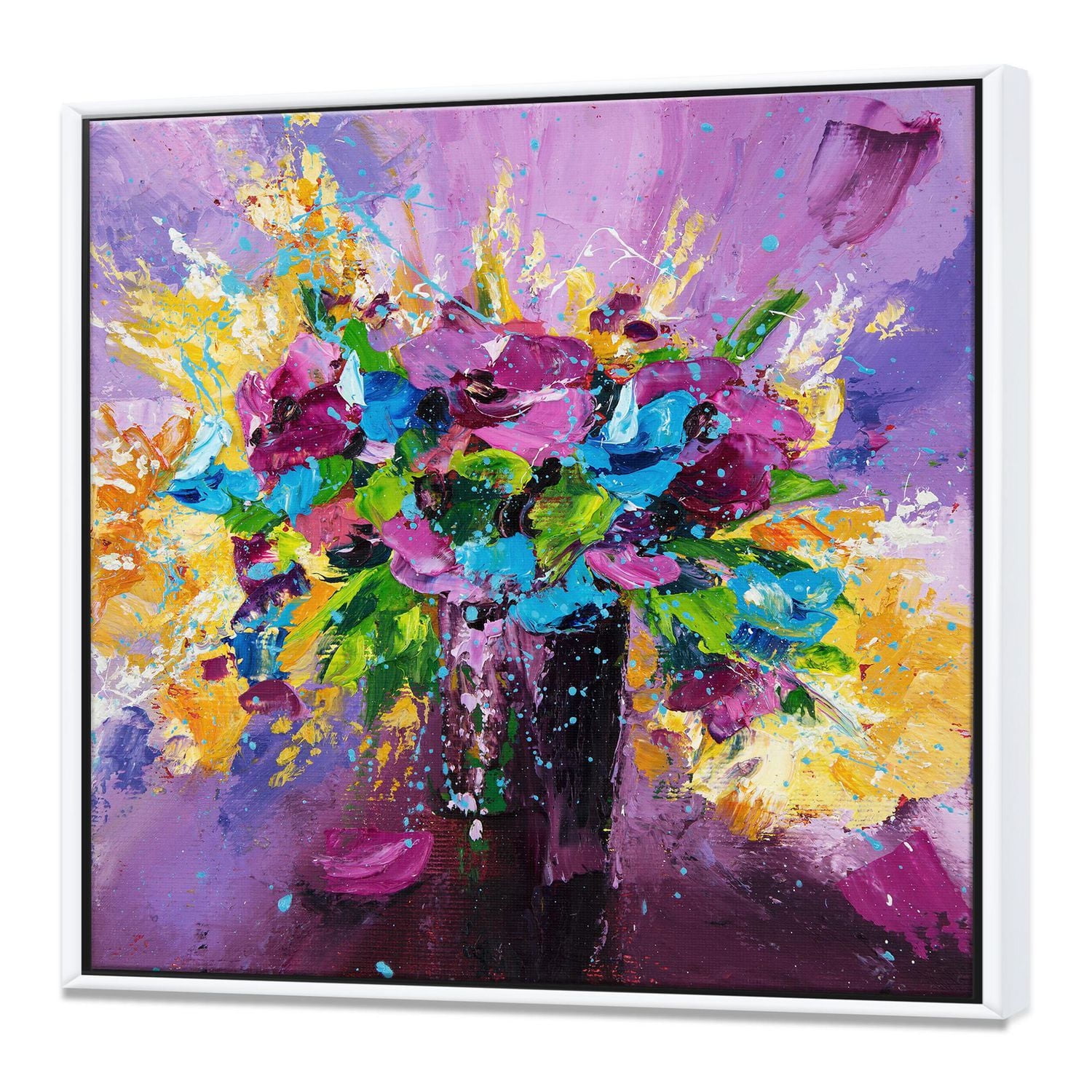 Designart Bouquet lumineux de fleurs de printemps sur fond violet ART MURAL À CADRE FLOTTÉ