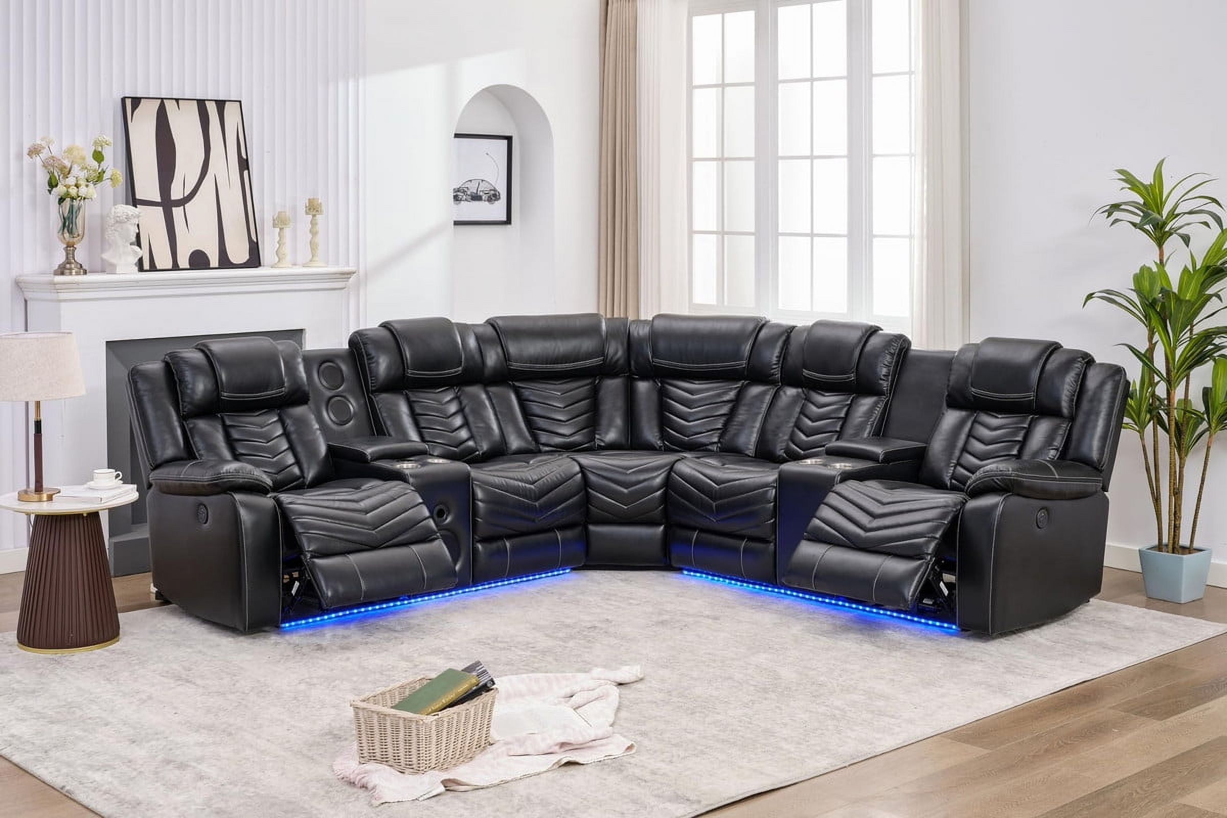 Power Reclining Sectional Sofa with Bluetooth Speakers,USB Ports,LED Lights,Cup Holders,Storage Console,Faux Leather Electric Corner L-Shaped Recliner Couch,5 Seater for Living Room Black