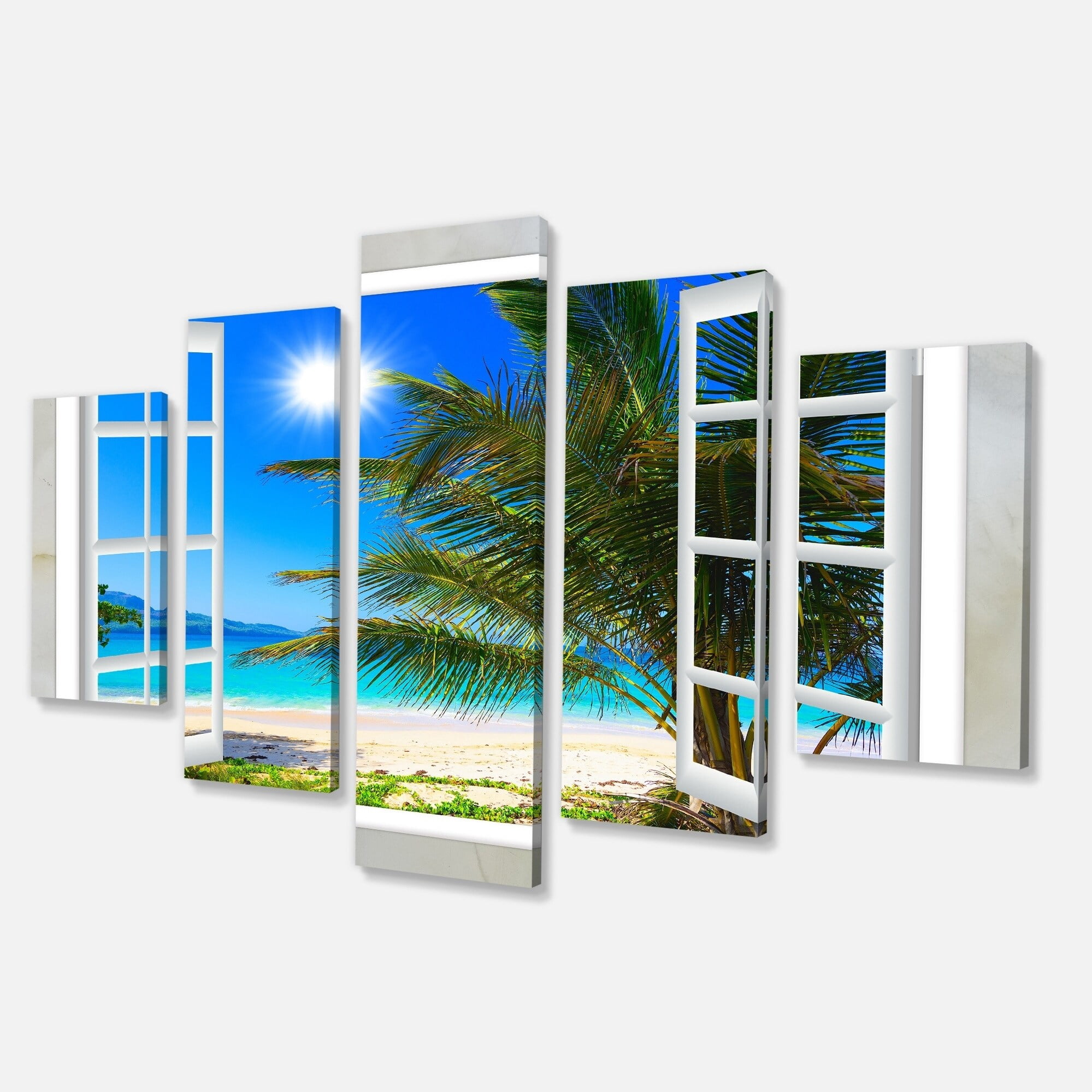 Designart 'Window Open to Beach with Palm ' Extra Large Seashore Canvas Art