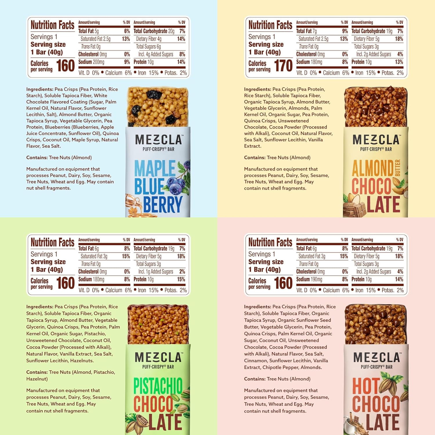 Mezcla Puff-Crispy Plant Based Protein Bars - Variety Pack - Healthy Snacks for Adults & Kids - Granola Bars for School, Travel, & Office Snacks - Gluten Free, Vegan, Non GMO, 10g Protein - 8 Count