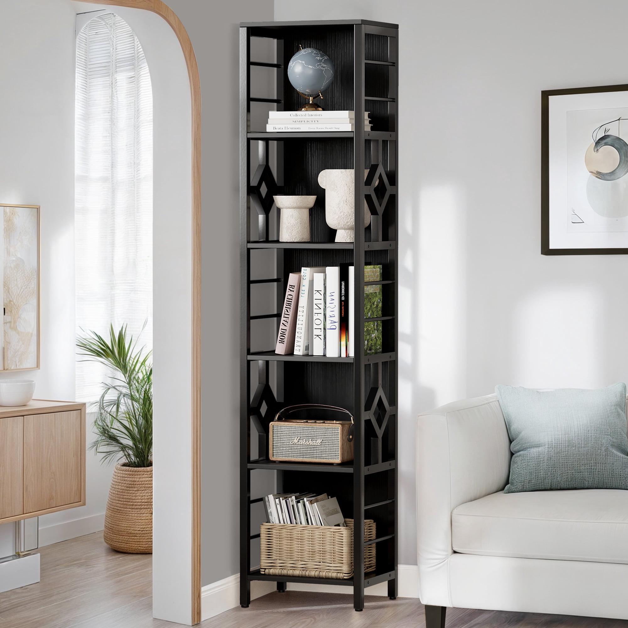 Dextrus 5-Tier Industrial Bookshelf, Tall Narrow Bookcase with Metal Frame, Open Storage Display Rack Etagere Shelves for Living Room, Home Office, Black
