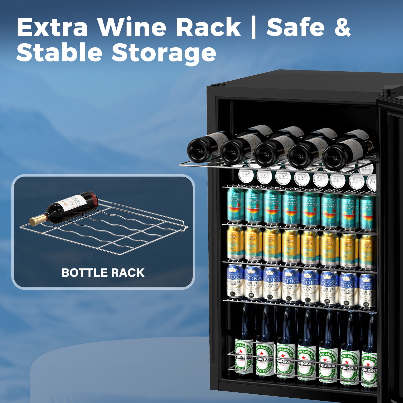 TITTLA 150 Can Beverage Refrigerator with Glass Door,Extra Bottles Rack,Touch Control Panel,Freestanding Mini Fridge,Black