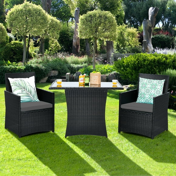 Patiojoy 3PCS Patio Rattan Dining Set Space-Saving Furniture Set with Tempered Glass Top Table and Cushioned Chairs