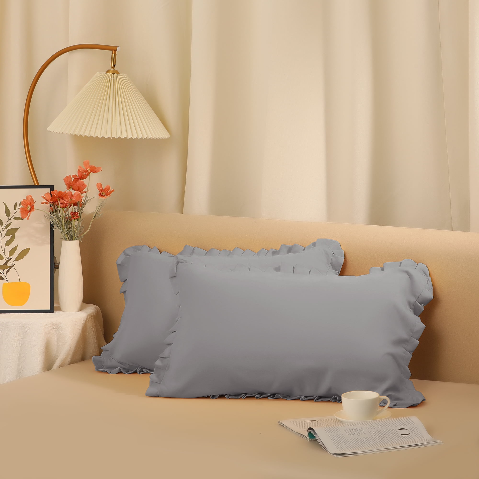 Unique Bargains Pack of 2 Ruffled Edge Ruffled Envelope Closure Pillow Shams Gray Queen
