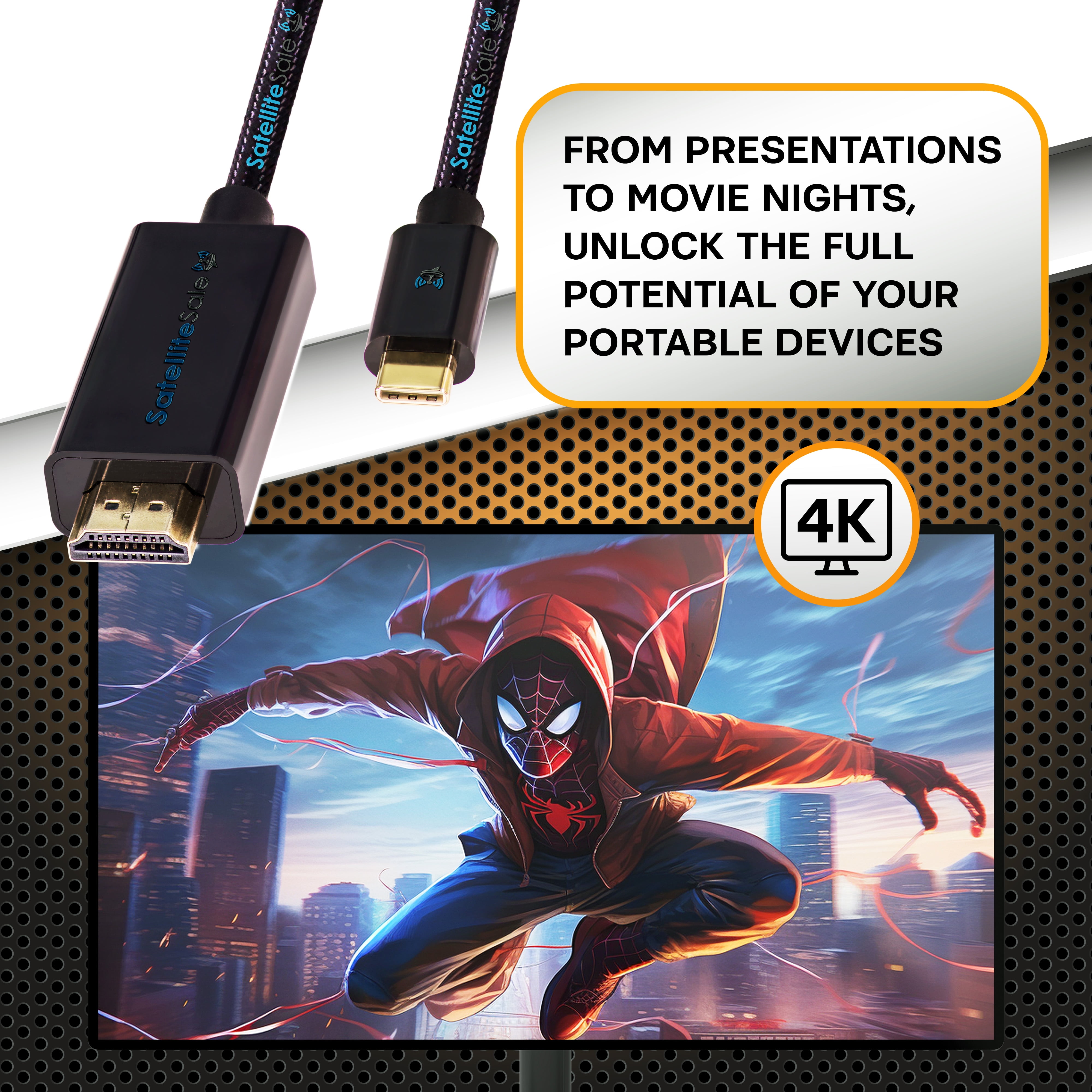 SatelliteSale Digital USB Type C to HDMI Universal Cable Adapter Nylon Wire Universal Wire for Laptop, TVs, Monitors, Black Cord 30 feet