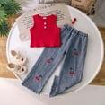 thumbnail image 2 of YuYuBao Toddler Girls Outfits Sets Summer Sleeveless Ribbed Vests Tops + Embroidery Cherry Denim Pants Outfits Children Girls Clothes, 3-4 Years, 2 of 8