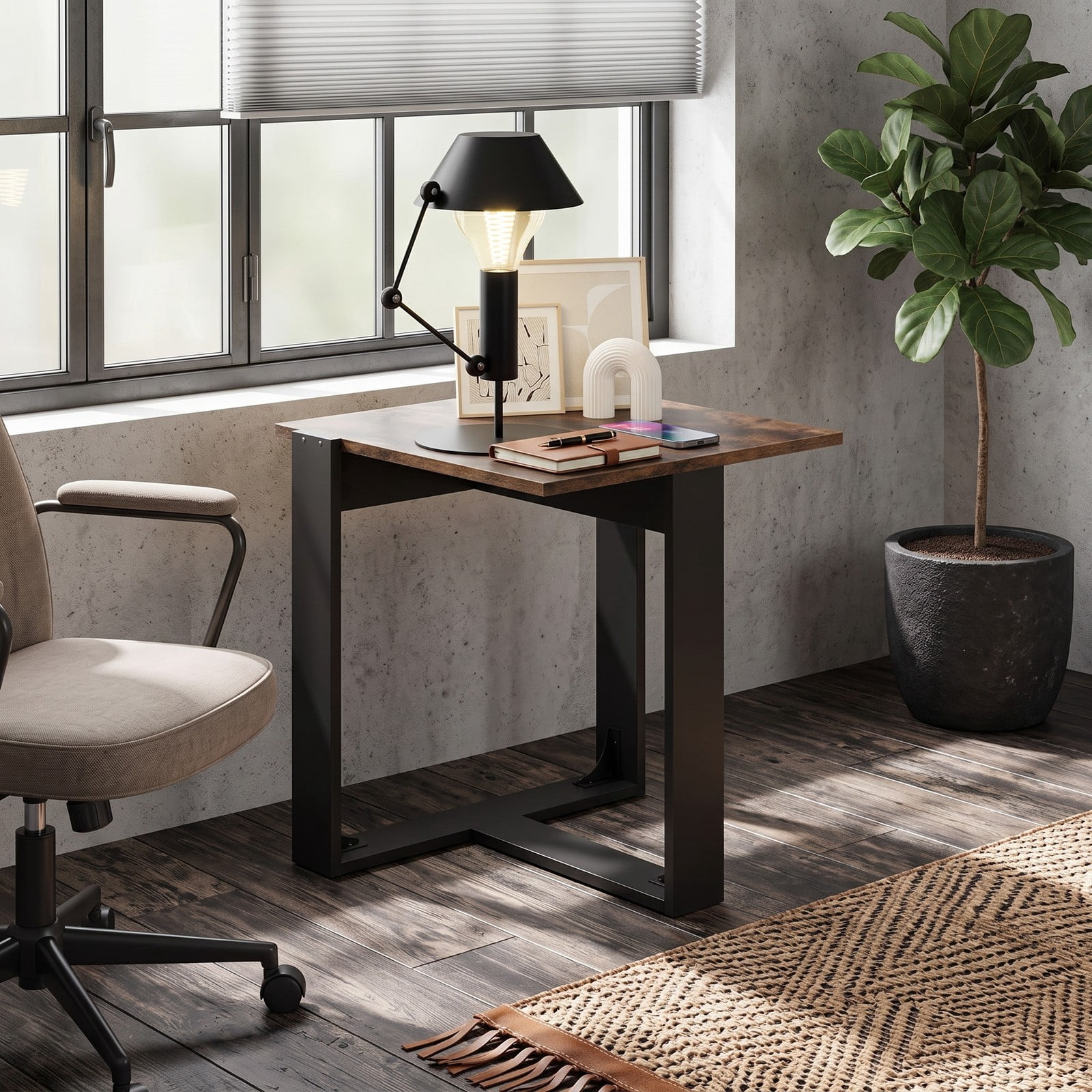 Furnibear Industrial Sofa End Table with Metal Frame, Wood Side Table Nightstand with T-Shaped Base for Living Room Bedroom, Space-Saving Media, Rustic Brown & Black
