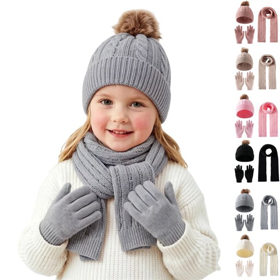 Sentuca Warmer Set for Girls and Boys Winter Knit Pom Pom Beanie Hat Scarf Gloves 3 Pcs Kids Outdoor Accessories Gray Size 3-12Y