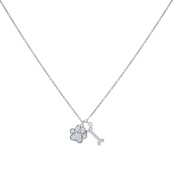 925 Sterling Silver Womens Cubic Zirconia Dog Cat Pet Paw Print and Bone Fashion Charm Necklace Pendant Necklace for Wom