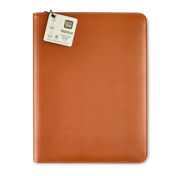 Pen+Gear Zipper Simulated Leather Padfolio, 10" x 13", Cognac Brown, 40 Sheets