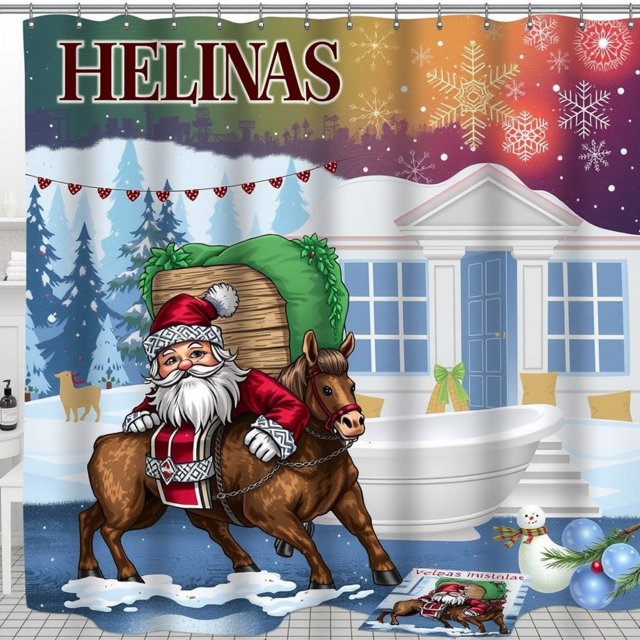 Whimsical Rideau de Douche de Noël - Père Noël sur Cheval, Scène Enneigée, Décoration Festive