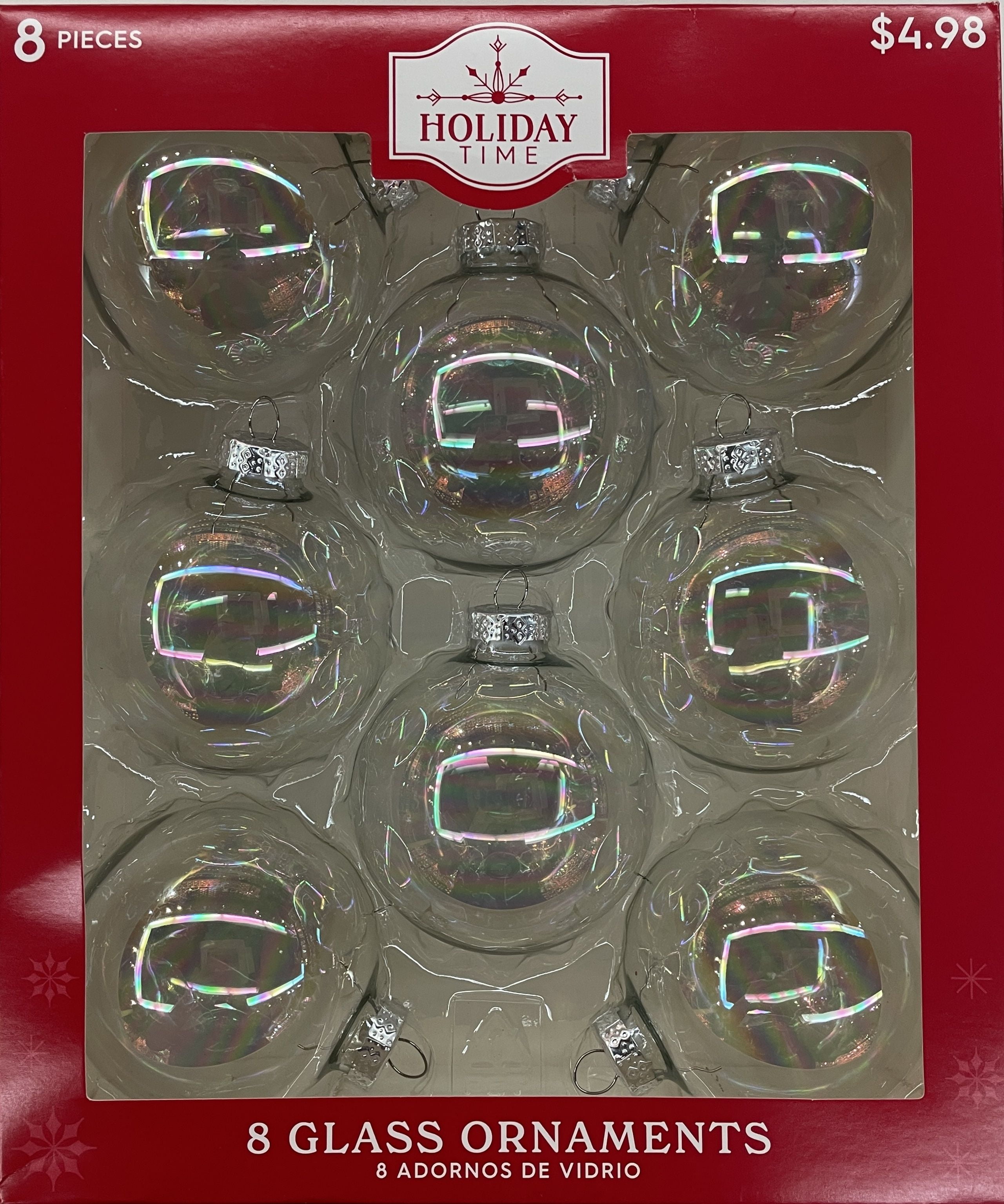 Holiday Time Iridescent Glass Ball Ornaments, 2 5/8" (67MM), 8 Count, Boxed Glass, Clear