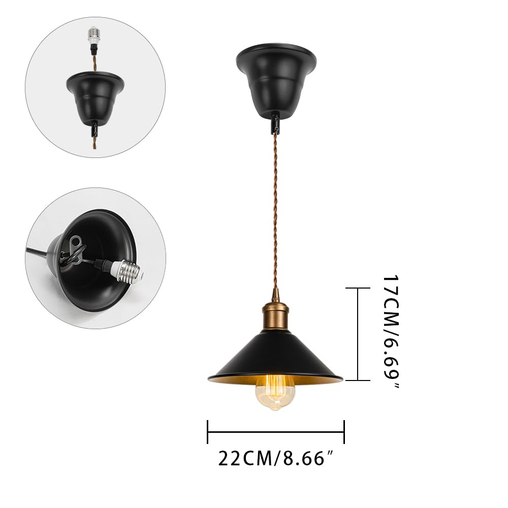 KAYYELAMP Inner Gold Black Metal Shade Hanging Light E26 Copper Base Adjusted Cord Droplight Vintage Pendant Light Fixture for Kitchen Island Sink Home(No Bulb)