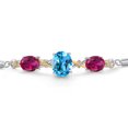 thumbnail image 3 of 925 Silver & 10K Yellow Gold Swiss Blue Topaz Red Created Ruby & Lab Grown Diamond Bracelet for Women | 5.96 Cttw | Gemstone November Birthstone | Oval 10X8MM and 8X6MM | Fully Adjustable 9 inch, 3 of 5