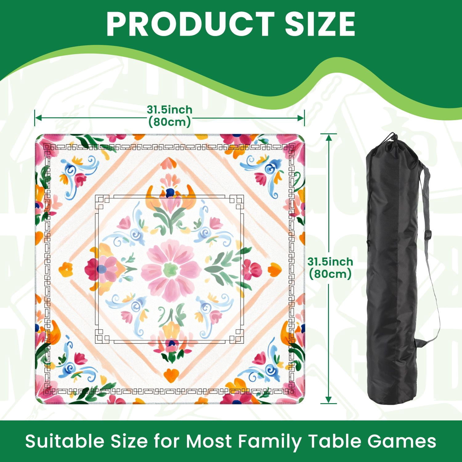 Mahjong Mat 31.5" x 31.5" Colorful Hand Painted Floral Pink Orange Blue Flowers Non-Slip Noise Reduction American Mahjong Tiles Table Cover for Dominoes Poker Card Board Games Gift