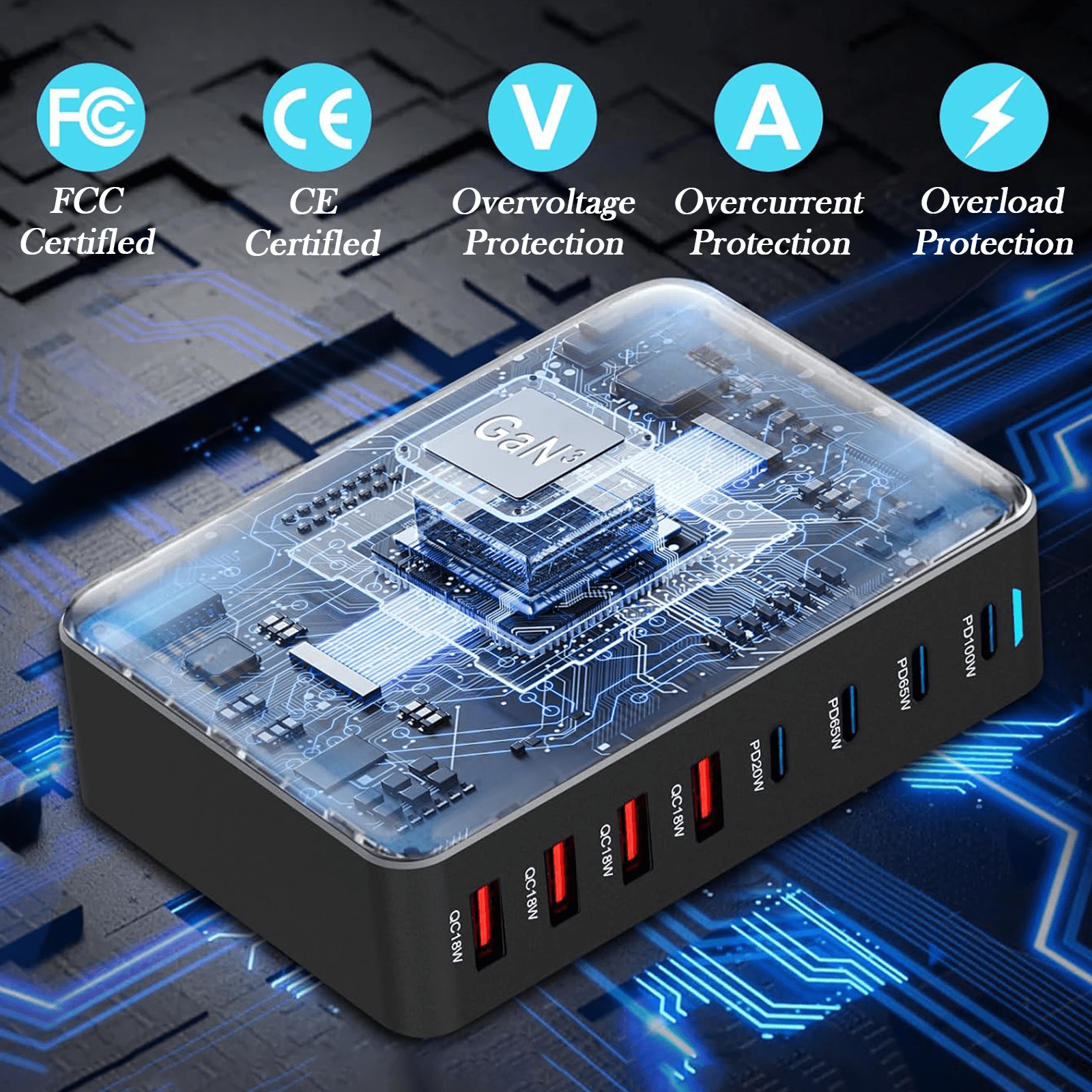 320W GaN 10-Port USB Type C Charging Station, 100W PD3.0 + QC3.0 Fast Charger Hub for Laptop, Phone, Tablet, Smartwatch - Safe & Reliable
