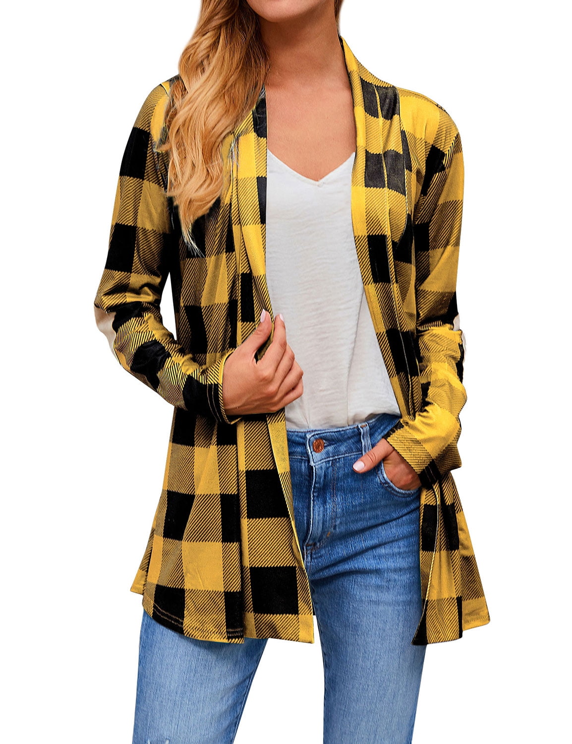 ZXZY Women Colorblock Plaid Elbow Patch Long Sleeves Cardigan