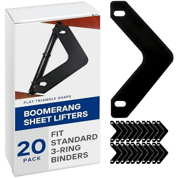Boomerang Sheet Lifters, Durable, Flat Triangle Shape, 11" x 6", Black, Protect Sheets from Tearing and Curling, Fit Standard 3-Ring Binders, 20-Pack