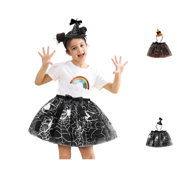 HJYCHN Skirts for Girls High Waist Halloween Mesh Tutu Skirt with Witch Headband Set for Party Back to School Supplies for Girls 5-8 Years