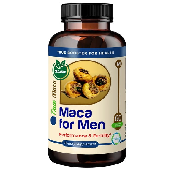 TrueMed Maca for Men 800 mg – Organic Gelatinized Maca Root & Horny Goat Weed – Libido Booster, Testosterone & Fertility Support – 60 Capsules