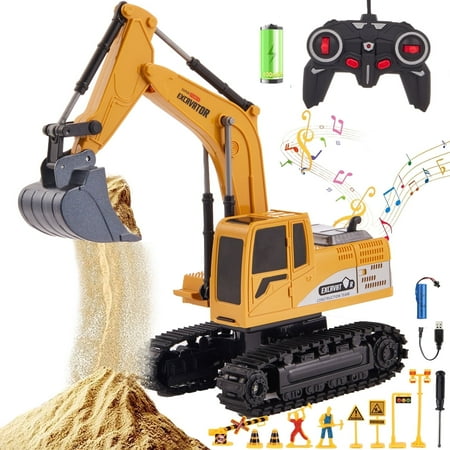 Anpro Remote Control Excavator Toy for Kids, 6 Channel 1:24 Scale RC Truck Excavator Construction Vehicle Toy with Metal Shovel, Lights & Sounds for Toddler Boys Girls Age 3 4 5 6 7 8 Years