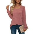 thumbnail image 2 of Gustave Puff Long Sleeve Shirts for Women Fall Square Neck Tops Blouse Dressy Casual Loose Pullover Solid Basic T-Shirts - Pink, L, 2 of 4