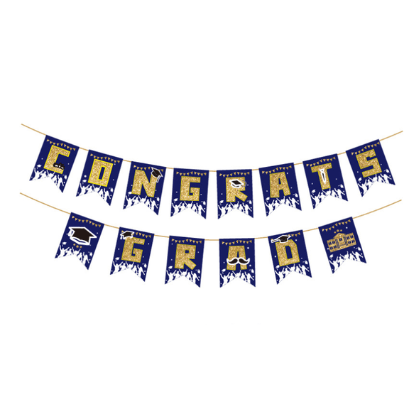 Congrats Grad Graduation Banner, Navy Blue and Gold Glitter, Party Decoration