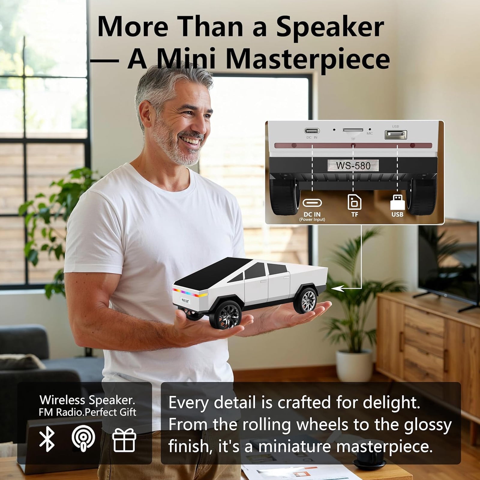 WSTER WS-580 Cybertruck Portable Bluetooth Speaker, Replica Car with Display Screen, HD Sound, BT5.4，TWS, FM , For Home Outdoor Party Beach，The Perfect Gift for Family and Friends