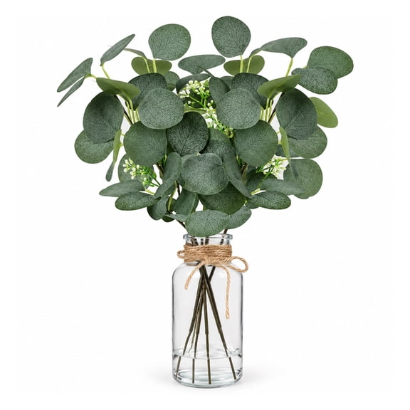 simeccom 15.75" Artificial Eucalyptus Stems in Glass Vase with Faux Water - Fake Plant for Farmhouse Table Centerpiece Spring Home Decor
