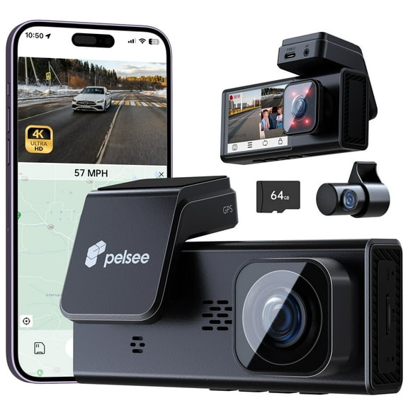 Pelsee 4K 3 Channel Dash Cam Front and Rear Inside,4K 1080P 1080P Dashcam with APP & Wi-Fi, 64GB Card Included, Smart Driving System ADAS, 24H Parking Mode