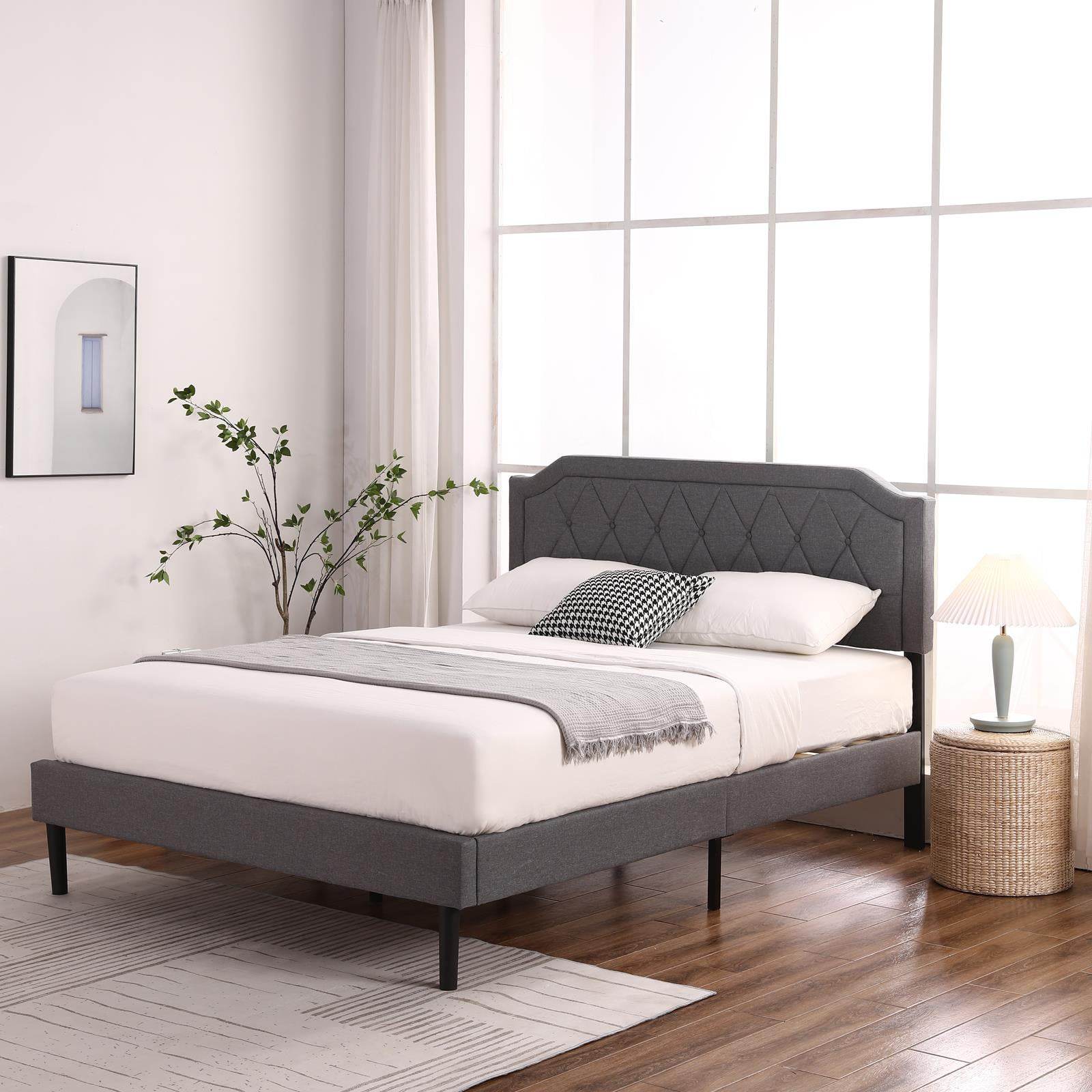 Upholstered Platform Bed Frame, Full Size Wood Slat Bed Frame