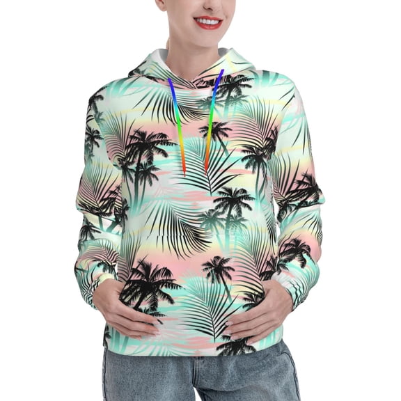 Kdxio Tropical Summer Palm Print Womens Oversized Hoodies Sweatshirts Hooded Pullover Tops Sweaters Casual-Small