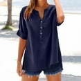 thumbnail image 3 of Dvprdro Womens Summer Tops Casual Imitation Cotton Linen V Neck Short Sleeve Button Down Side Split Solid Color Tunic Blouse Lightweight T-Shirt Pullover, 3 of 5