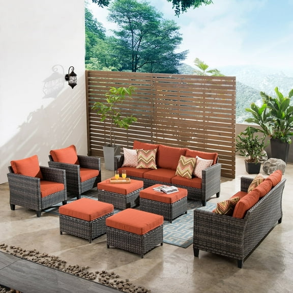 Ovios 8-Piece Wicker Outdoor Conversation Set, Grey/Denim Blue