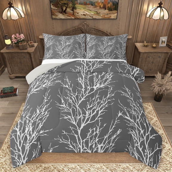 Homewish Chic Grey Branches Bedding Comforter Set, Jungle Plant Botanical Twin Comforter Sets, Teens Adult Men Female Reversible Bedding Set, Lightweight Room Decor, 2 Pieces
