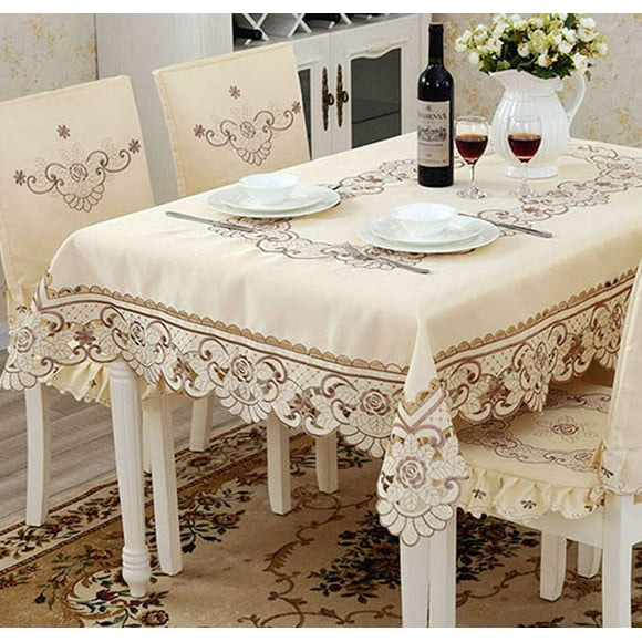 LeLehome 68 Inch x 100 Inch Rectangular Brown Flower Embroidered Tablecloth, classic Vintage Lace cream Oblong Table cloth cover for Kitchen Restaurant Dining Party