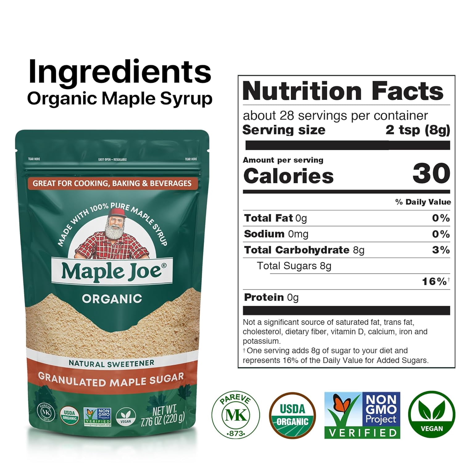 Pack of 12, Maple Joe Organic Granulated Maple Sugar, 7.76 oz