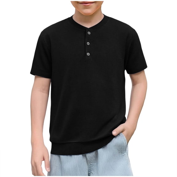 PWPSG Boy's Henley Short Sleeve Shirts Waffle Knit Tops Lightweight Summer Casual Blouses Kids Cotton Blend Solid Pullover Top Black 5 Years