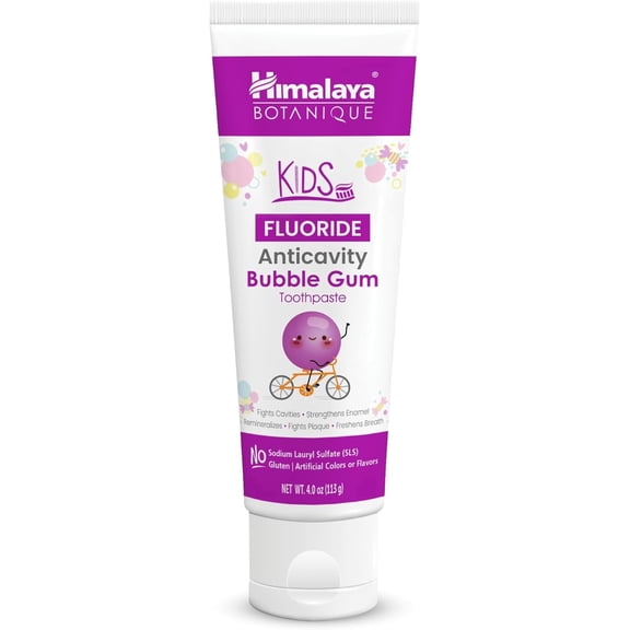 Himalaya Botanique Kids Fluoride Anticavity Toothpaste, Bubble Gum Flavor, Fluoride Toothpaste, Helps Prevents Cavities, Vegan, SLS Free, No Artificial Colors or Flavors, Gluten Free, 4 oz (113 g)