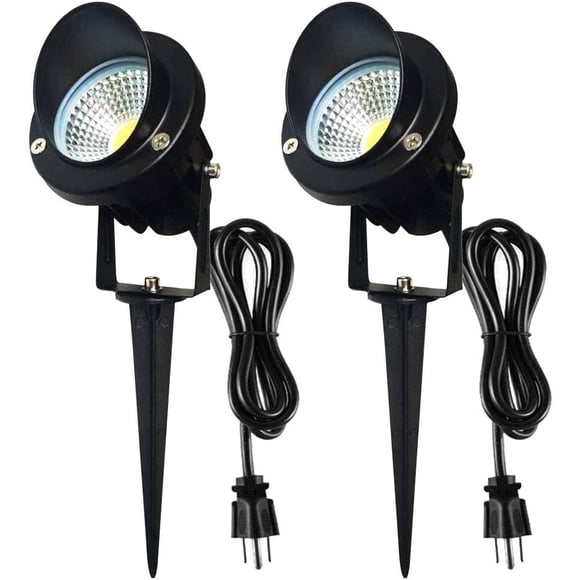 7W Spotlight Bright Landscape Light with US Plug Garden Light with Metal Spike COB LED Security Lighting, Waterproof Pathway Light for Lawn, Flag, Driveway, Set of 2(Warm White)