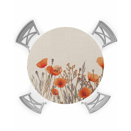 

Round Tablecloth with Elastic Orange Poppy Flowers Watercolor Floral Plants Retro Linen Waterproof Stain-proof Table Cover Wipeable Fitted Table Cloths for 55 -60 Round Tables Dining Kitchen