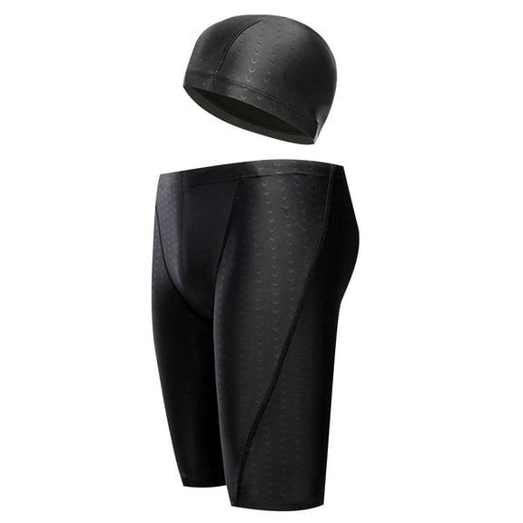 Miqool Big Men's Swim Jammers with Swim Cap Set, Knee Length Compression Swim Shorts Rash Guard Quick Dry Racing Training Swimsuit