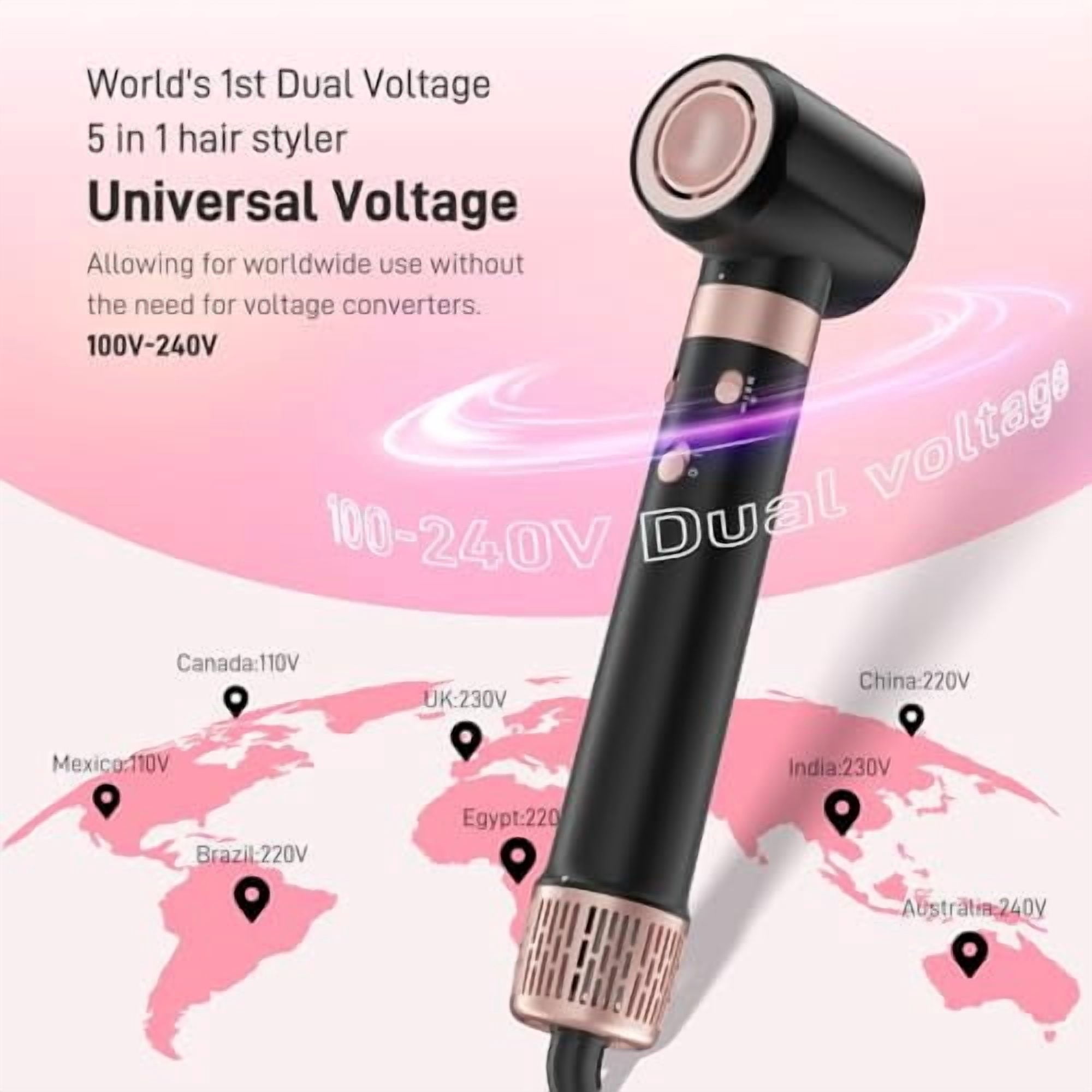 5 in 1 Dual Voltage Hot Air Styler, Professional Hair Dryer Brush for Fast Drying, Curling, Straightening & Volumizing Low Heat Damage, Negative Ions