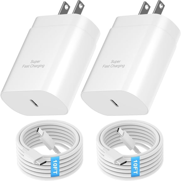 2 Pack 25W Samsung USB-C Super Fast Charger 10FT Type C Charger Cable Cord Fast Charging Android Phone Wall Charger Block for Samsung Galaxy S25 Ultra/S24 /S23 Ultra/S23/S23 /S22/S22 Ultra/S22 /S21