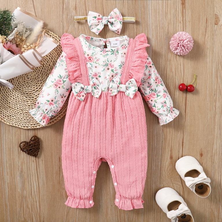 Kucnuzki Newborn Baby Girl Clothes 6 Months Fall Winter Bodysuit 9 Months  Long Sleeve Floral Stitching Tatting Patchwork Ruffles Bodysuit Headband  2PCS Set Pink - Walmart.com