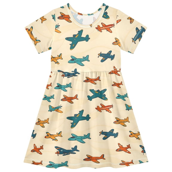 FORMRS Girls Short Sleeve Dress Summer Casual Round Neck A-line Beach Sundress, Sizes 2T-8T, Brown Cartoon Planes Pattern