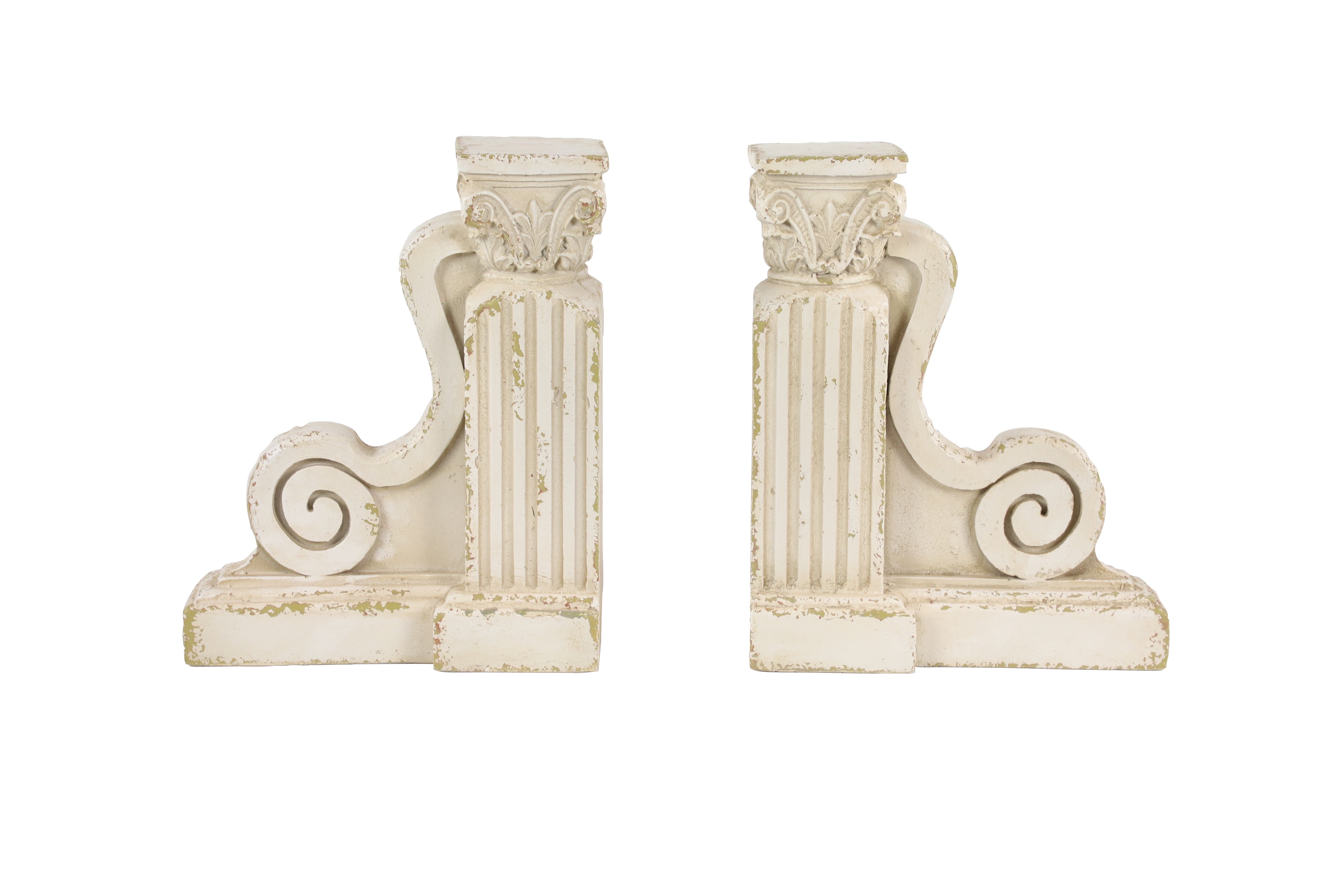 Decmode - 10” x 12” Large Distressed White Decorative Pillar Scroll Bookends