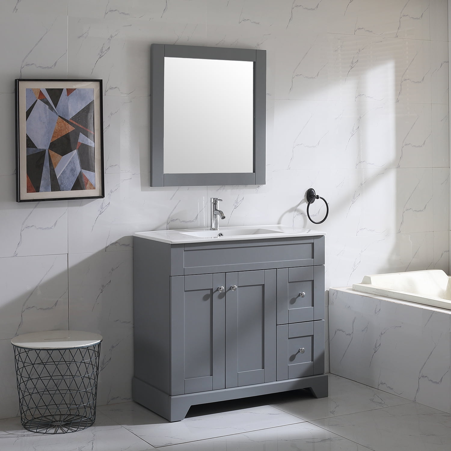 REALN Modern Bathroom Vanity with Ceramic Basin, Gray Storage Cabinet with  Soft Closing, Cold and Hot Faucet Sink Combo,with Mirror Bathroom Sink