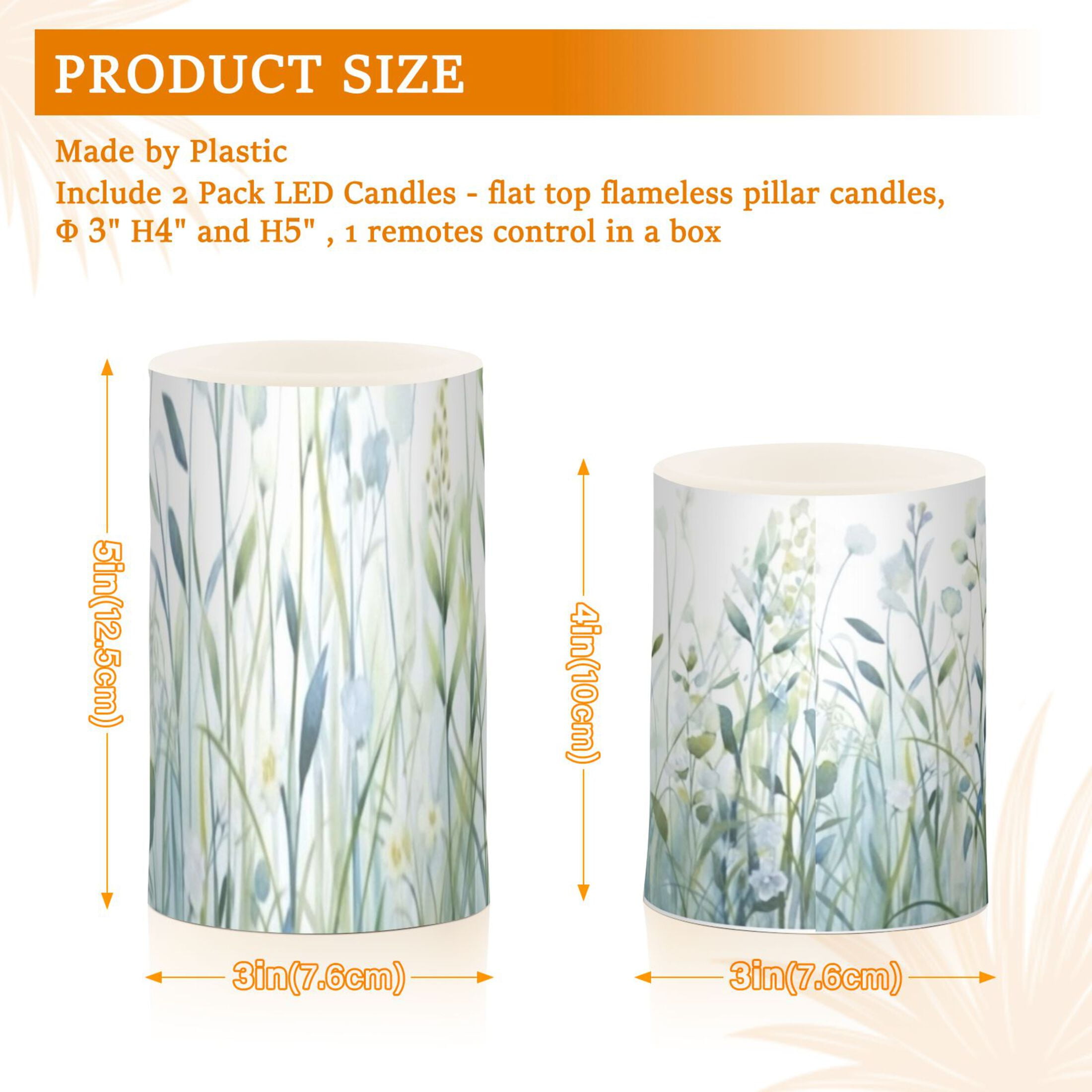 Watercolour Plants and Flowers Flickering Flameless Candles Battery Operated with Remote Timer LED Pillar Candles Set of 2